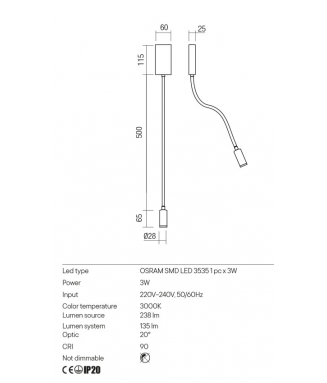 Wallie White 01-2754, 3W LED +USB